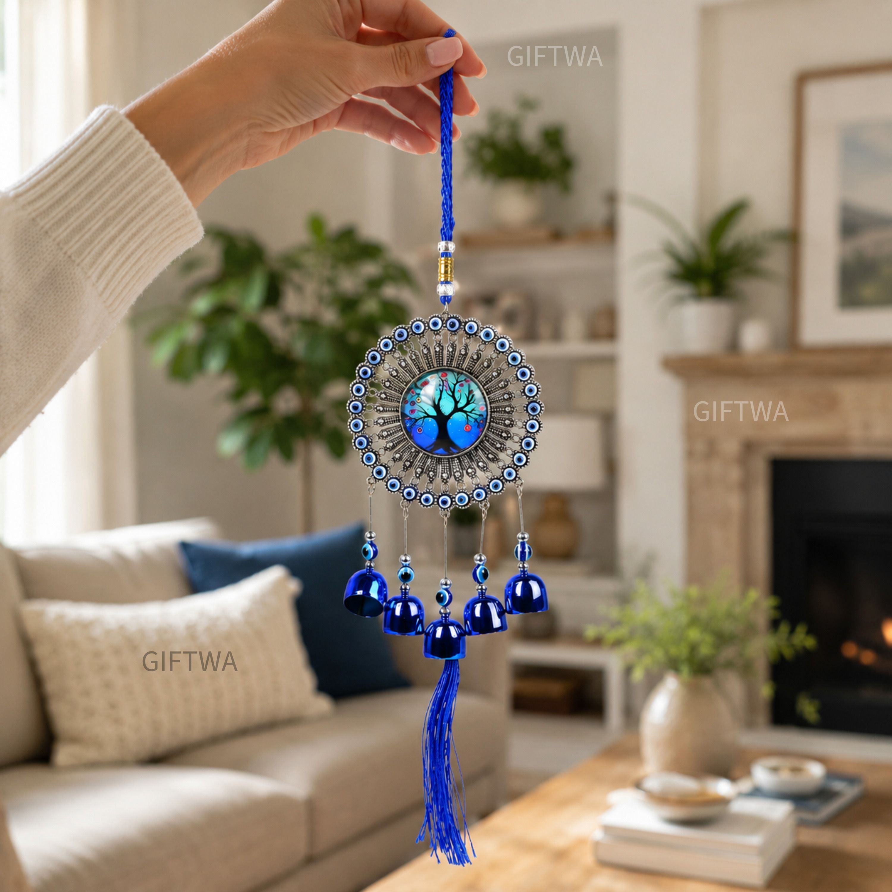 giftwa Nazar Battu Wind Chime for Car & Home Decor(Tree Design)Evil Eye Hanging Brass Windchime-picture-26