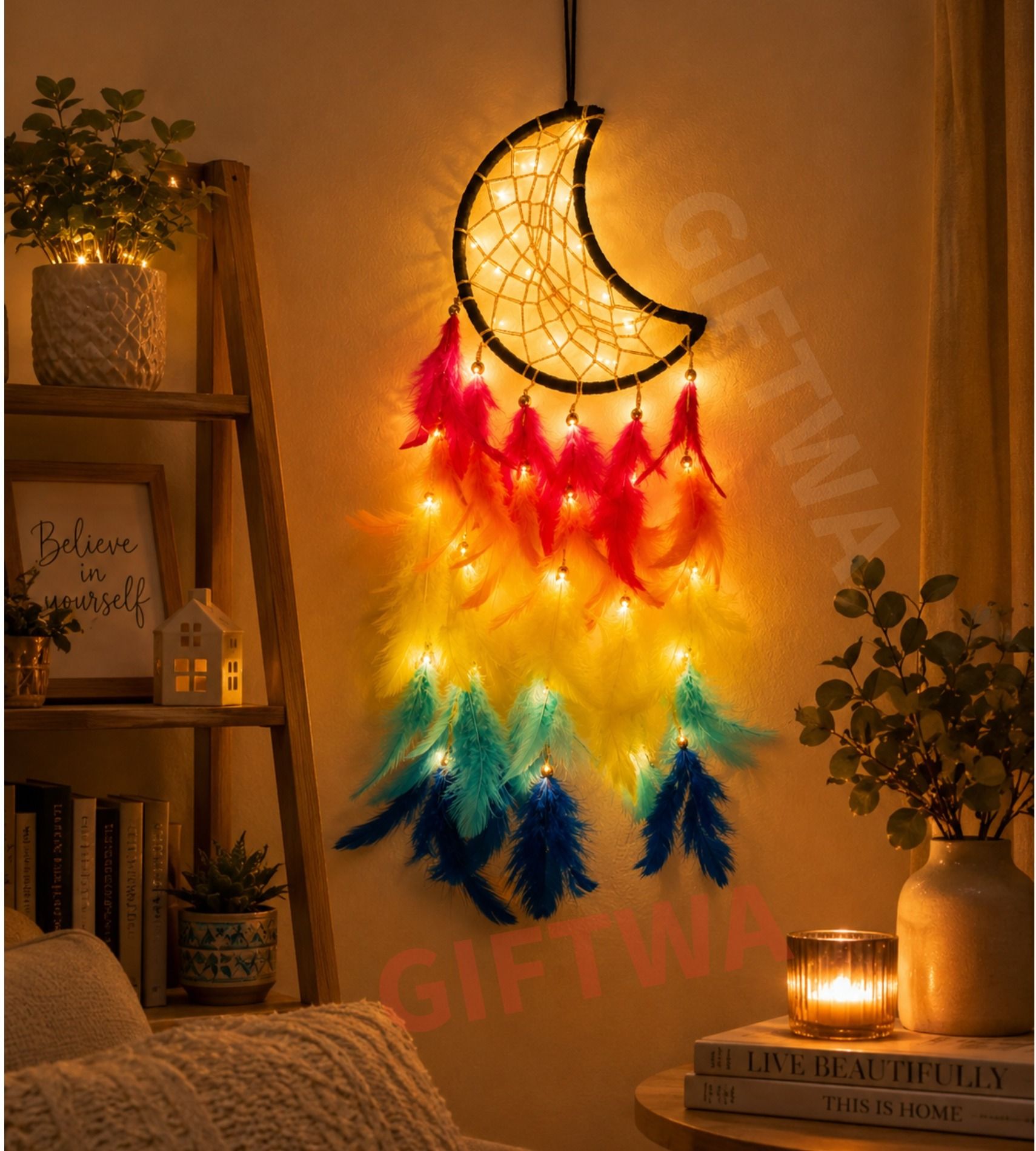 giftwa Moon Dreamcatcher with Led Light Wall Hanging for Home & Office Stainless Steel Dream Catcher-picture-9