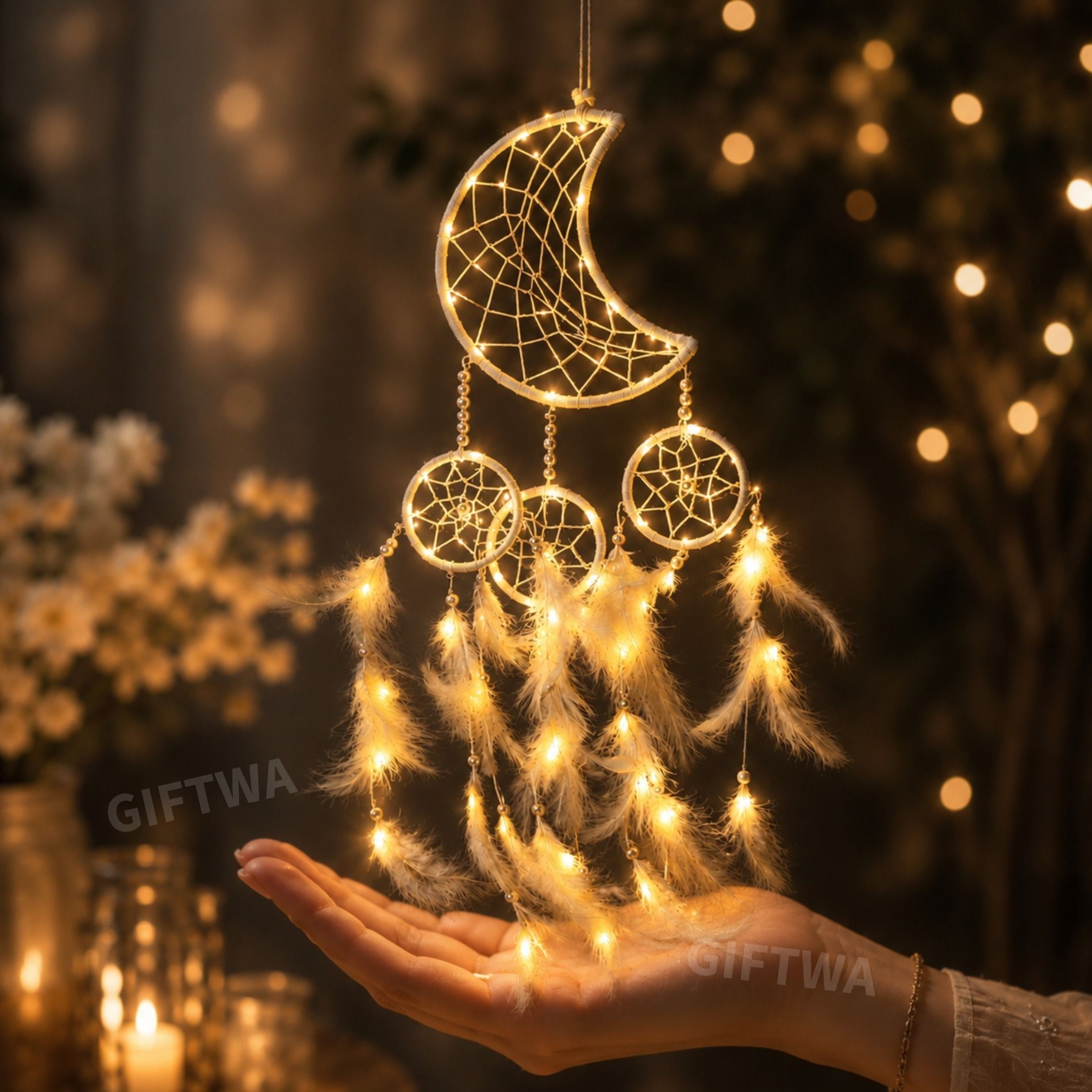 Moon Shape Dream Catcher with LED Lights Wall Hanging | Bedroom & Car Decor Stainless Steel, Feather Dream Catcher-image-2