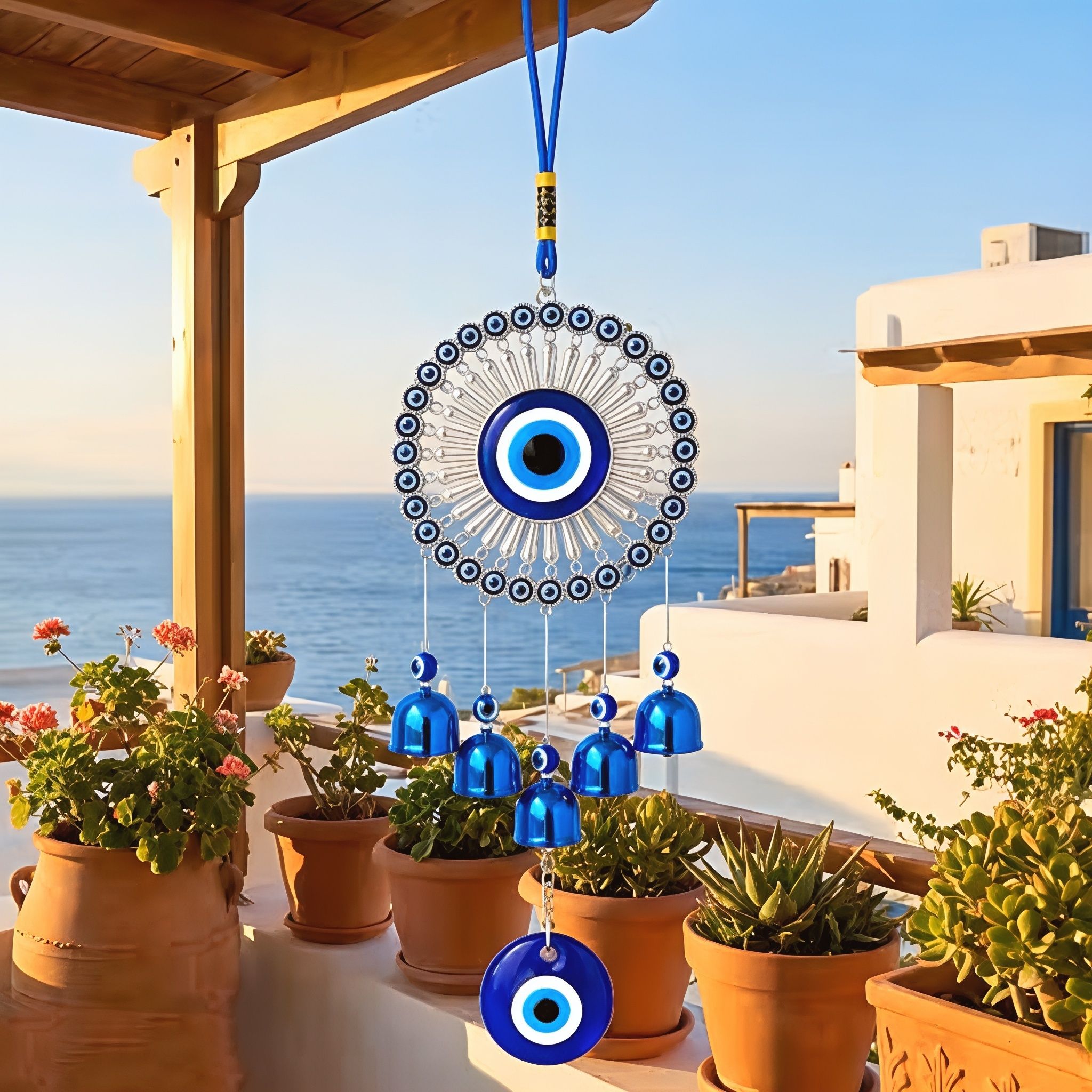 ppselects Blue Evil Eye 5 Bell Nazar Suraksha Decorative Wall Hanging Silver Plated Dream Catcher-picture-19