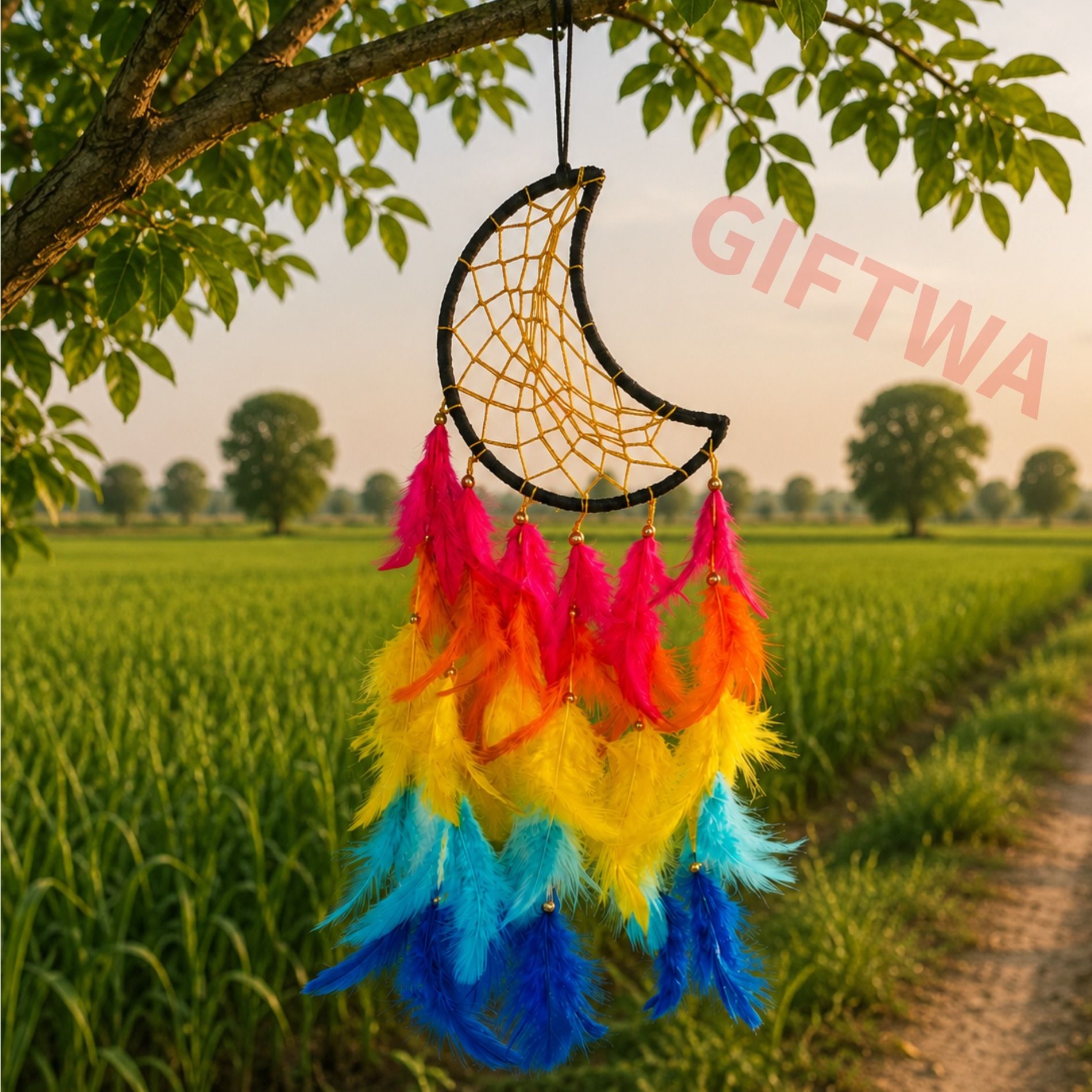 giftwa Moon Shape Dream Catcher for home, bedroom, living room, nursery,Wall Hanging Feather, Stainless Steel Dream Catcher-picture-6