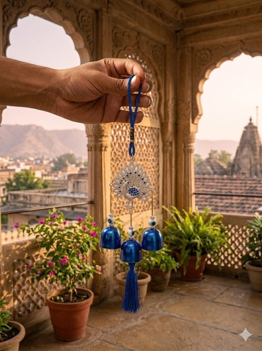 murugan creations Peacock Evil Eye Wind Chime with Blue Bells for Decor & Vastu Protection Aluminium Windchime-picture-40