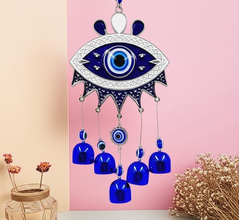 advik mart Eye-Shaped Evil Eye Wind Chime With 5 Blue Bells Aluminium Windchime-picture-20