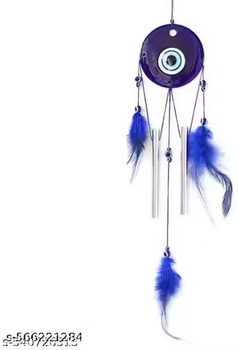 radhe Evil Eye Wind Chime With Metal Tubes Blue Feathers Plastic Wind Spinner-picture-23