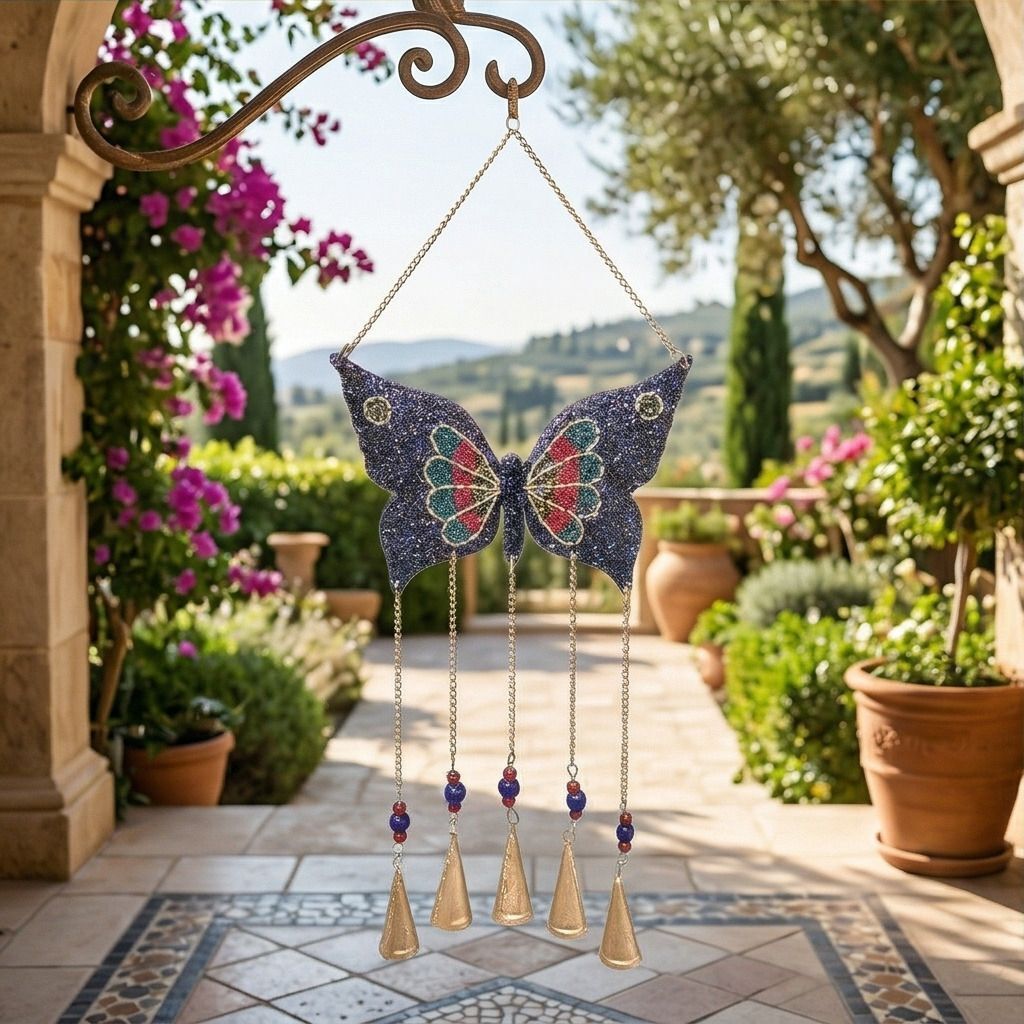 Handcrafted Beaded Butterfly Wall Hanging with Brass Bell Iron Windchime-image-33