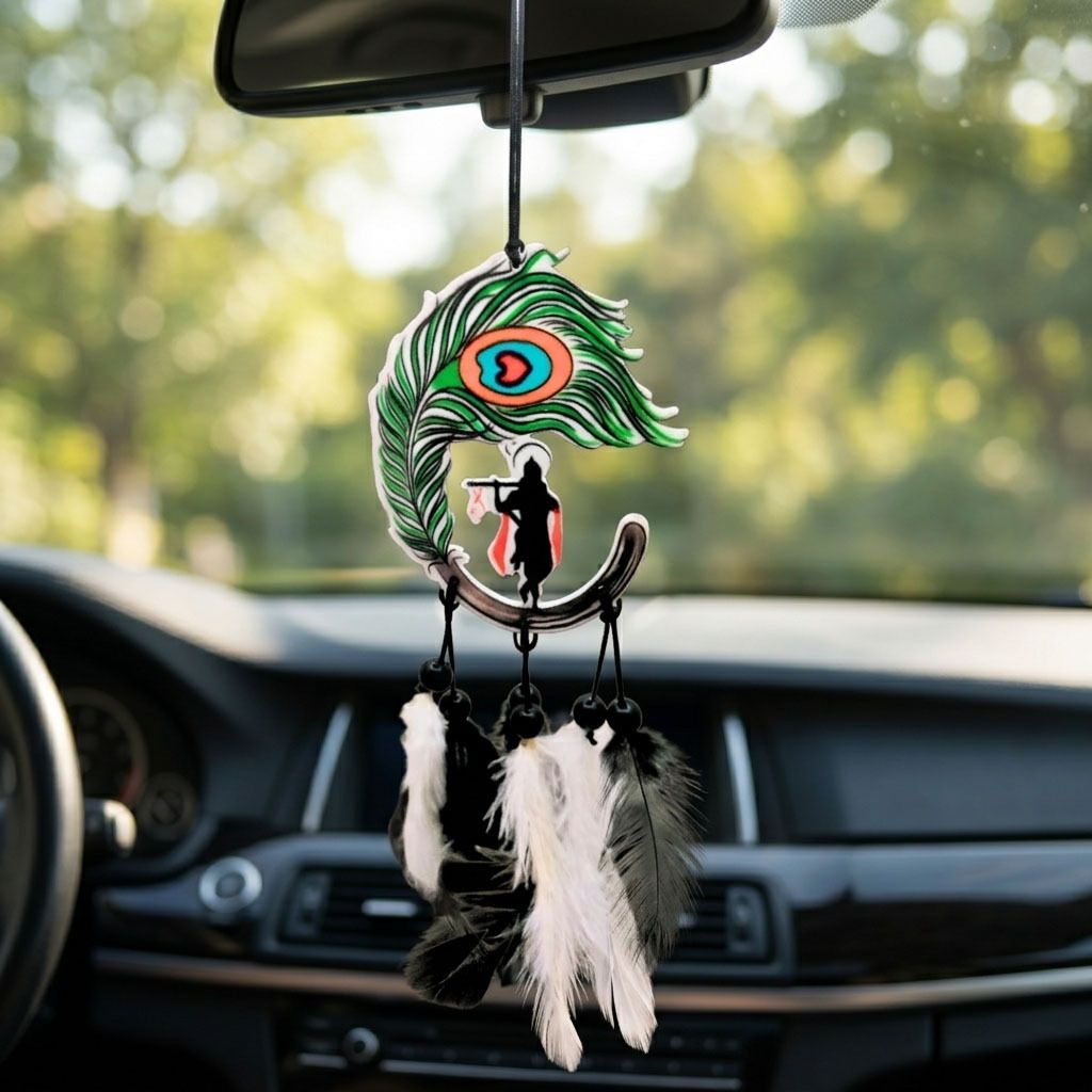 Green Feather Krishna Car Hanging Acrylic Mirror Hanging Decor Plastic Dream Catcher-image-49