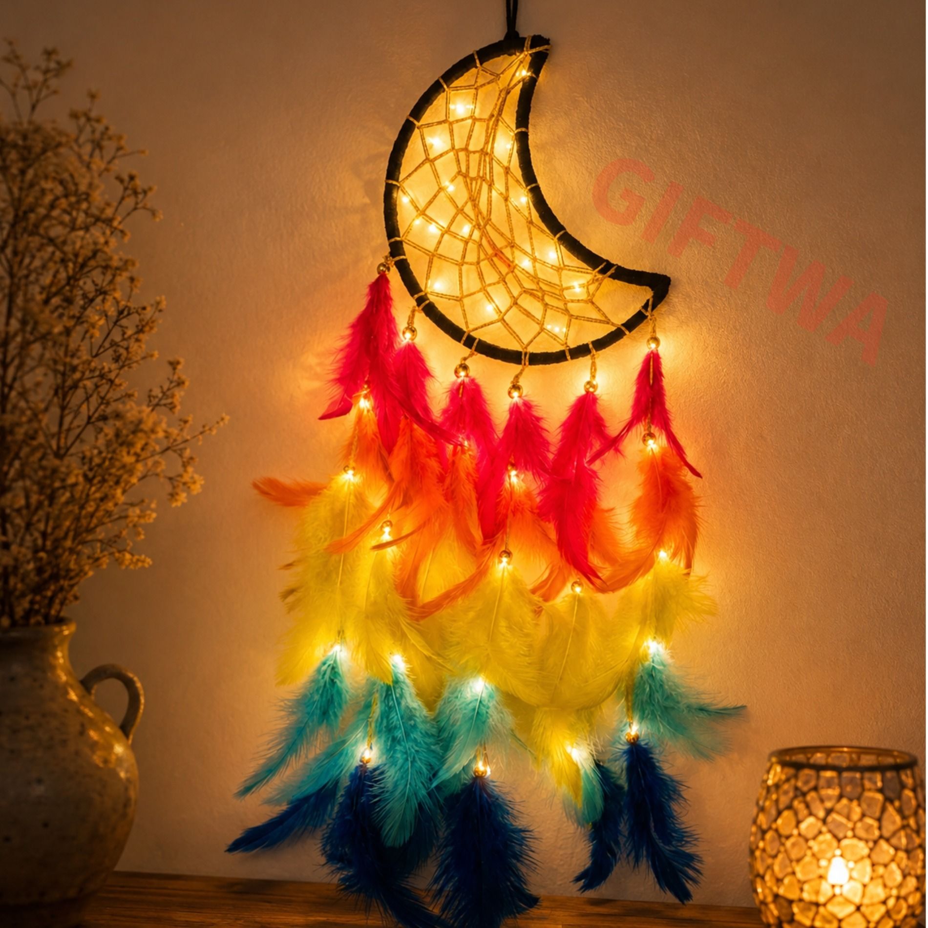 giftwa Moon Dream Catcher with Warm Fairy Lights for Living Room Decor Stainless Steel Dream Catcher-picture-4