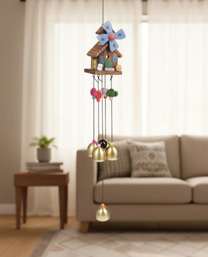 giggle gallery Decorative Wooden Hut Wind Chime with Windmill & 5 Golden Bells Hangings Gifts Brass Windchime-picture-10