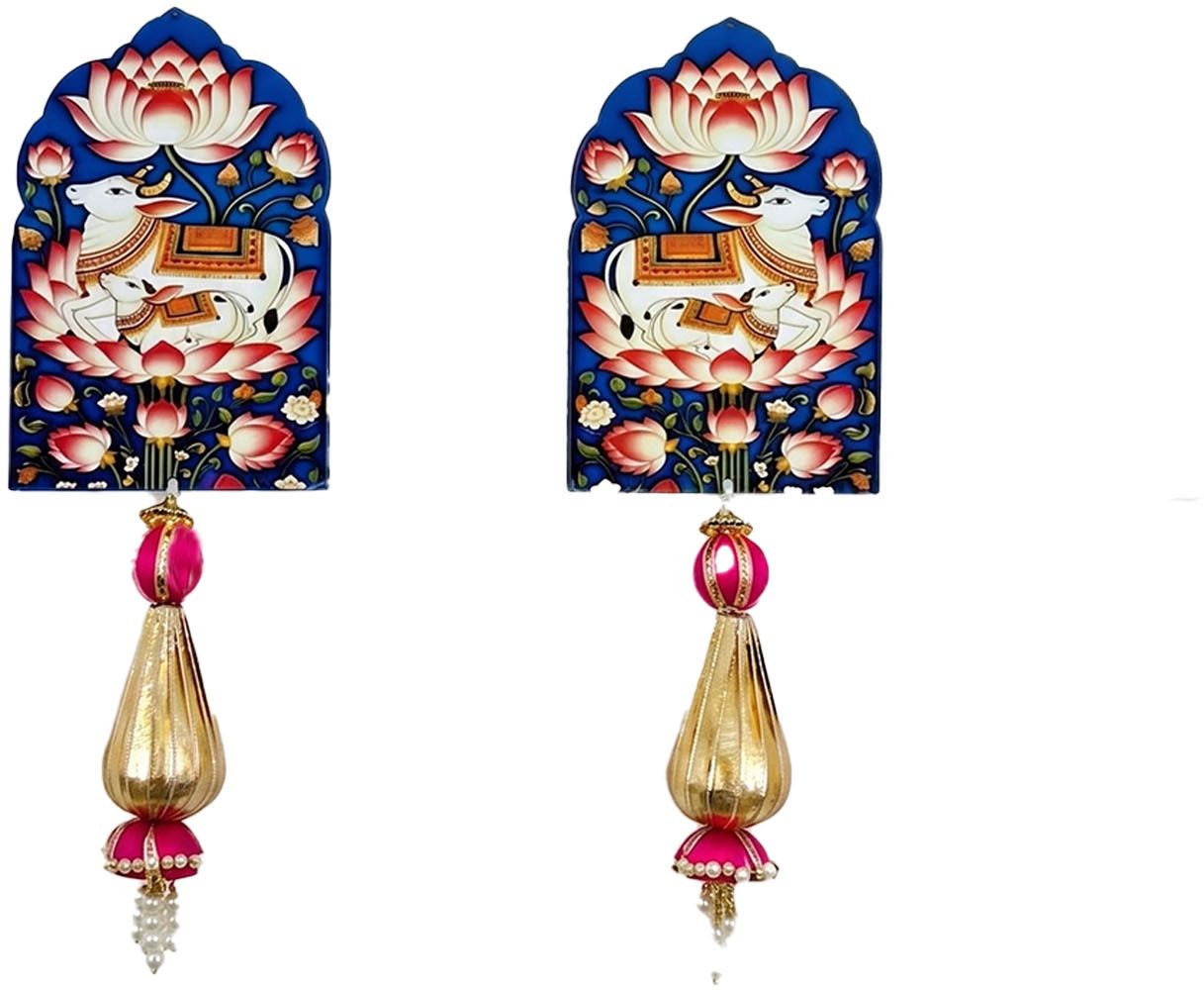 Pichwai Art Cow Door Hanging Set of 2|Lotus & Cow Theme Decorative Wall Hanging Wood Windchime-image-45