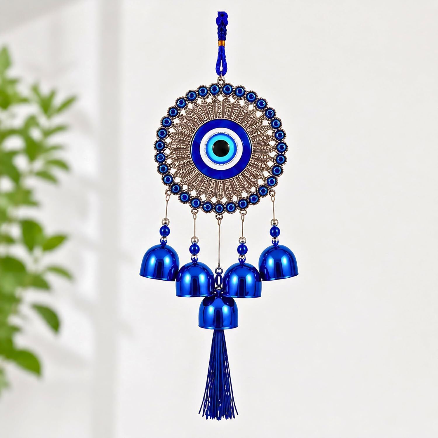 Evil Eye Wind Chime with Bells Nazar Wall Hanging Home Decor Blue Charm Glass Windchime-image-4