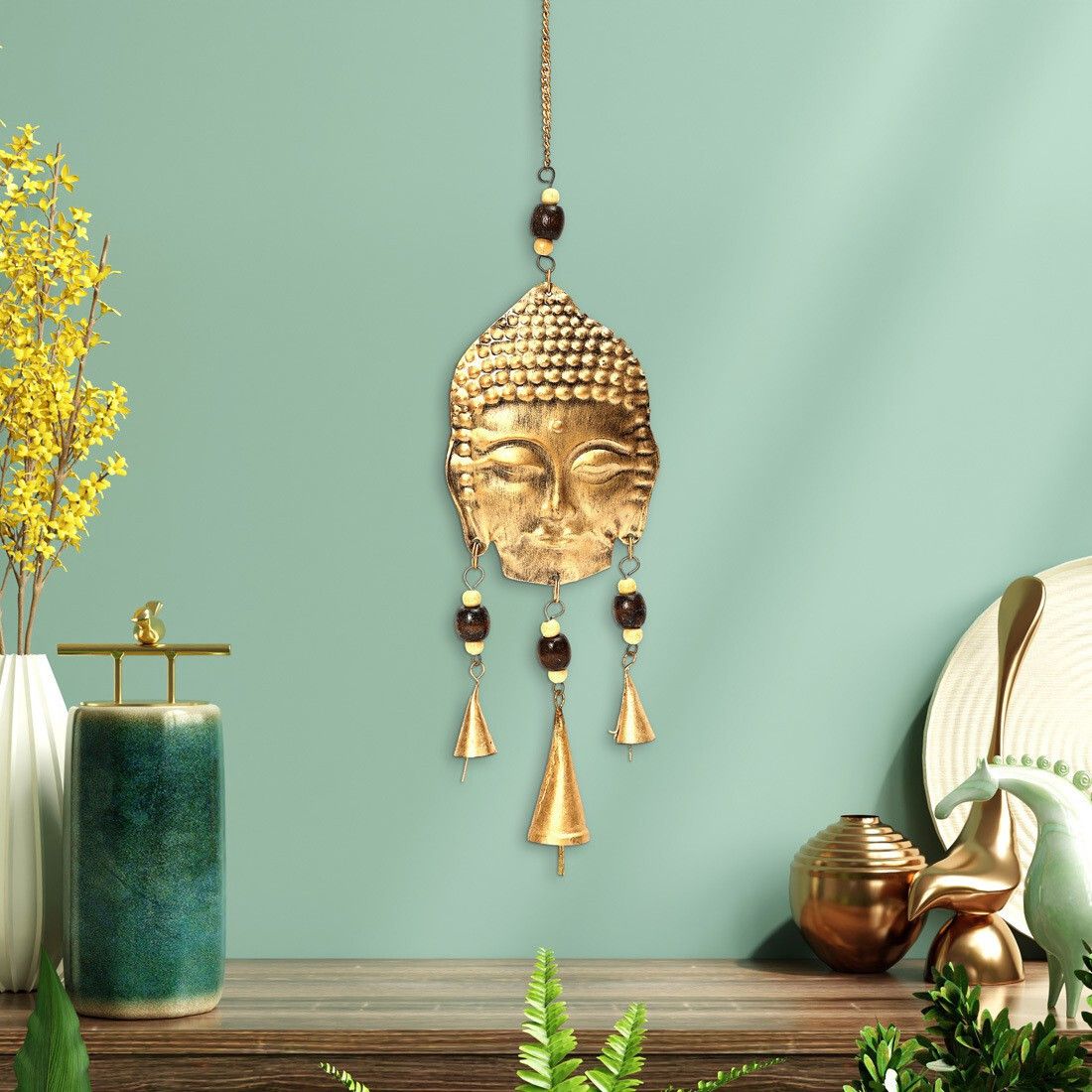 duli Metal Wallhanging Buddha Showpiece with Charm Bell Decorative Door Hanging Brass Windchime-picture-12