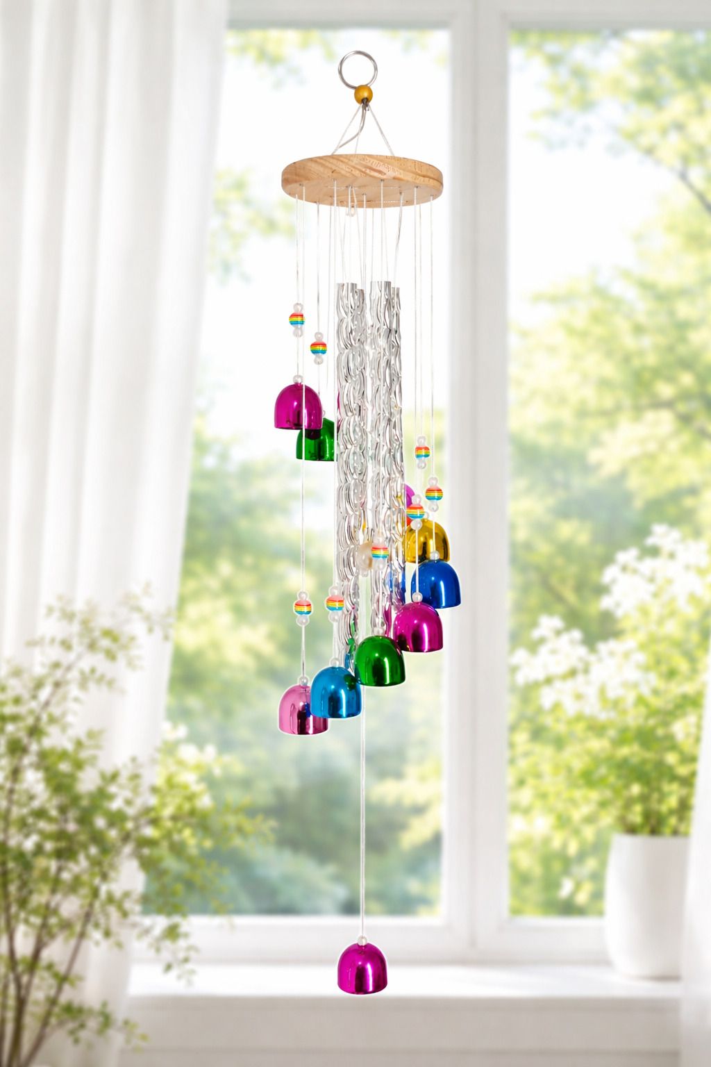 Handcrafted Multicolor Metal Wind Chime with Wooden Top for Home & Balcony Décor Iron Windchime-image-40