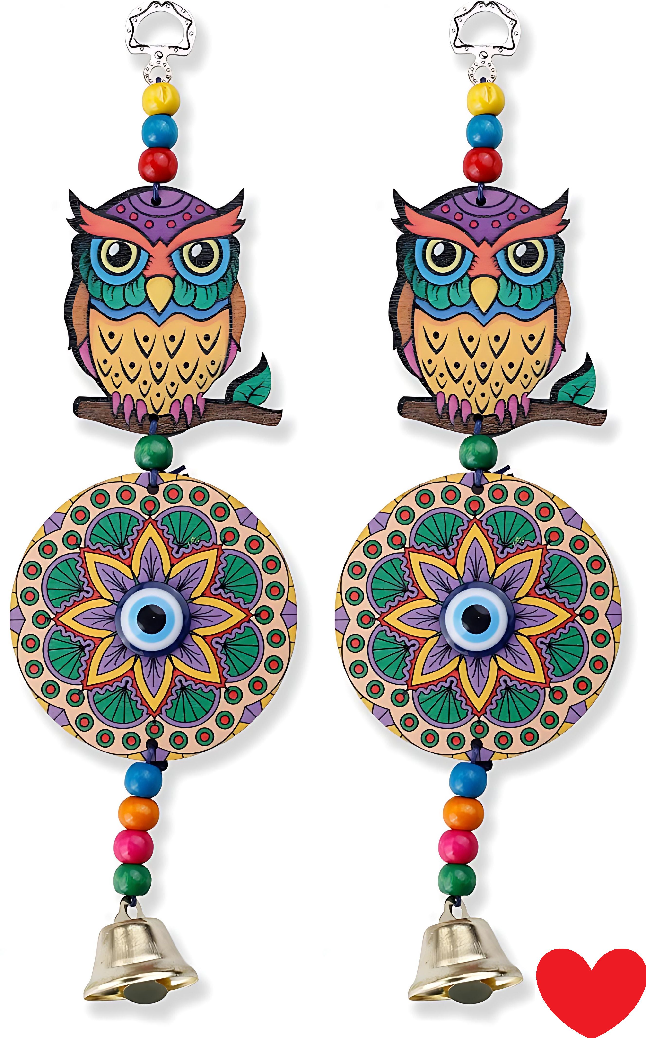 bzilo Pack Of 2 WindChime Owl Evil Eye Wood Wall Hangings Design & Color May vary A64 Polyresin Windchime-picture-23