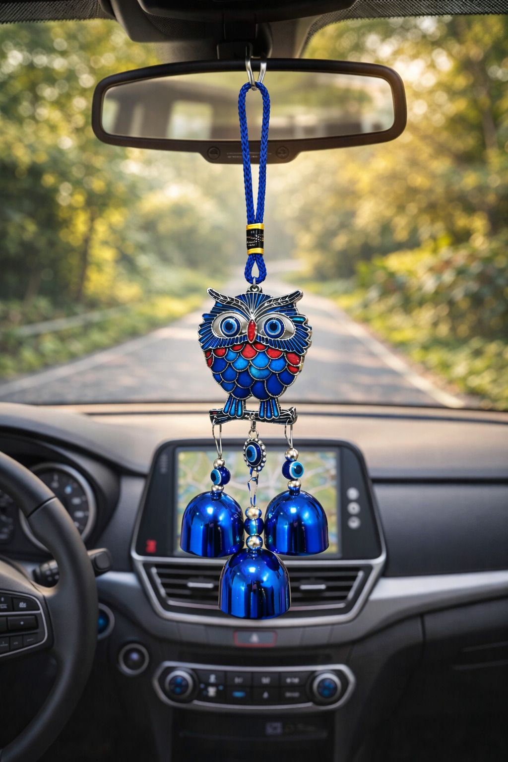 dream decor Blue Owl Evil Eye Wind Chime with 3 Metal Bells for Home, Balcony & Office Aluminium Dream Catcher-picture-31