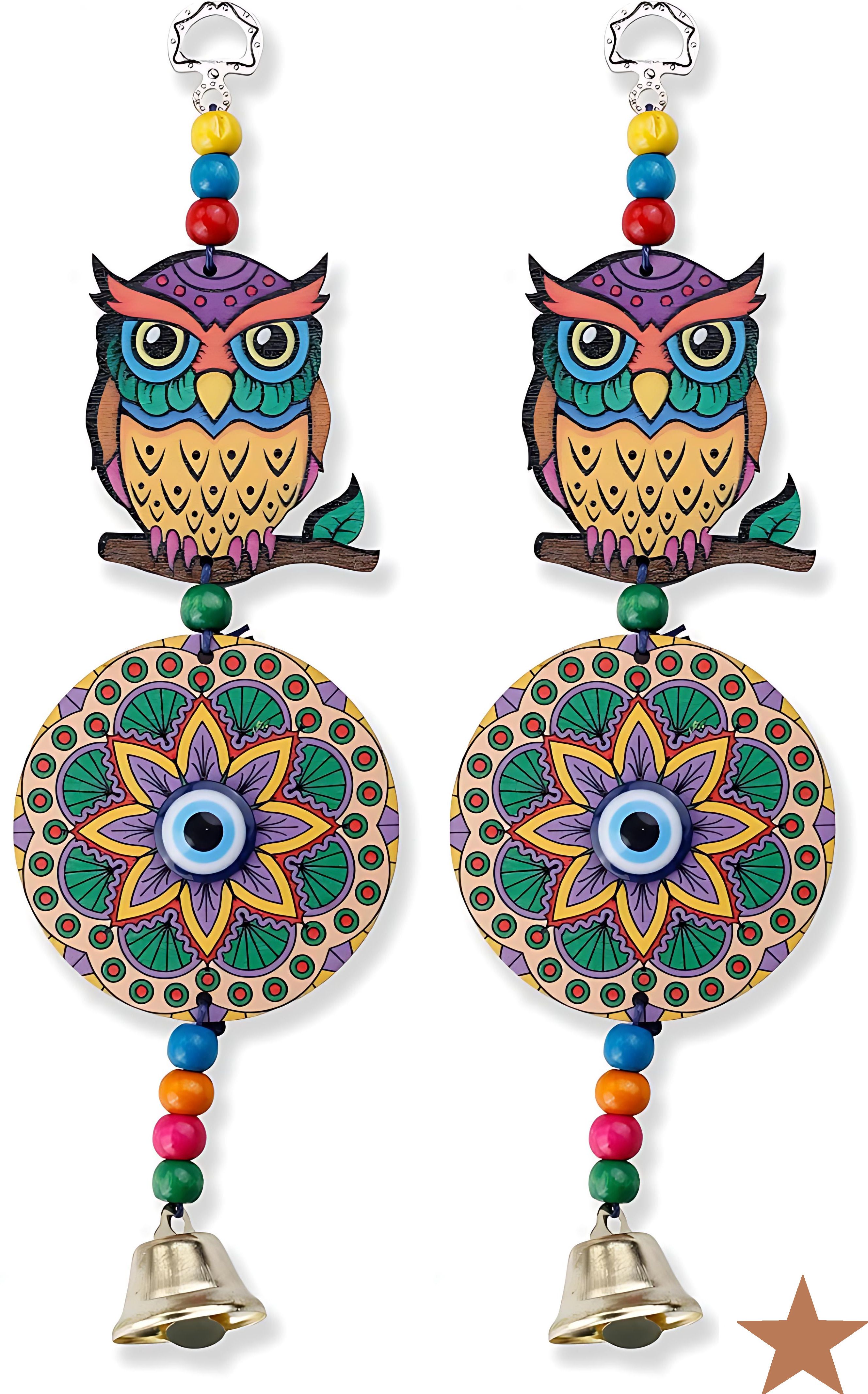 bzilo Pack Of 2 WindChime Owl Evil Eye Wood Wall Hangings Design & Color May vary A25 Polyresin Windchime-picture-18