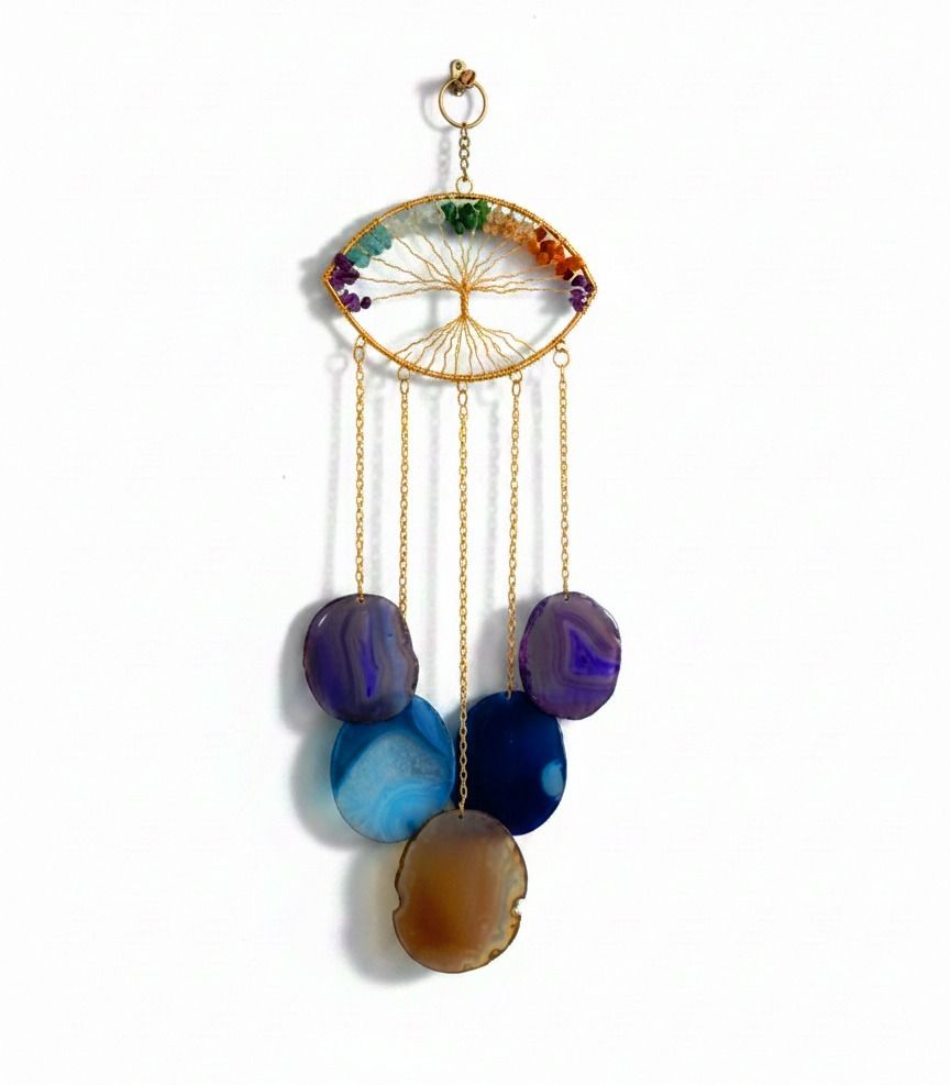 uniquescrystal Almond Eye Wind Chimes with 5 Agate Slices for Positive Energy, Crystal, Copper Windchime-picture-46