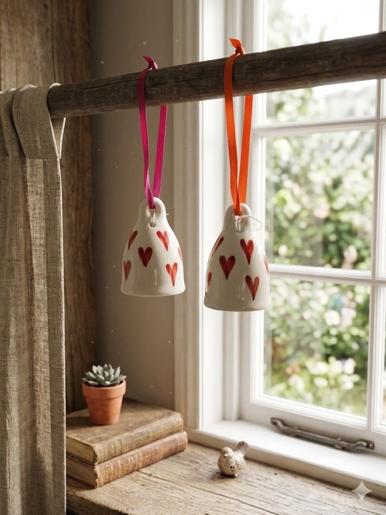 Handcrafted Ceramic Heart Hanging Ornament Set of 2 | Decorative Hanging Bells . Ceramic Windchime-image-26