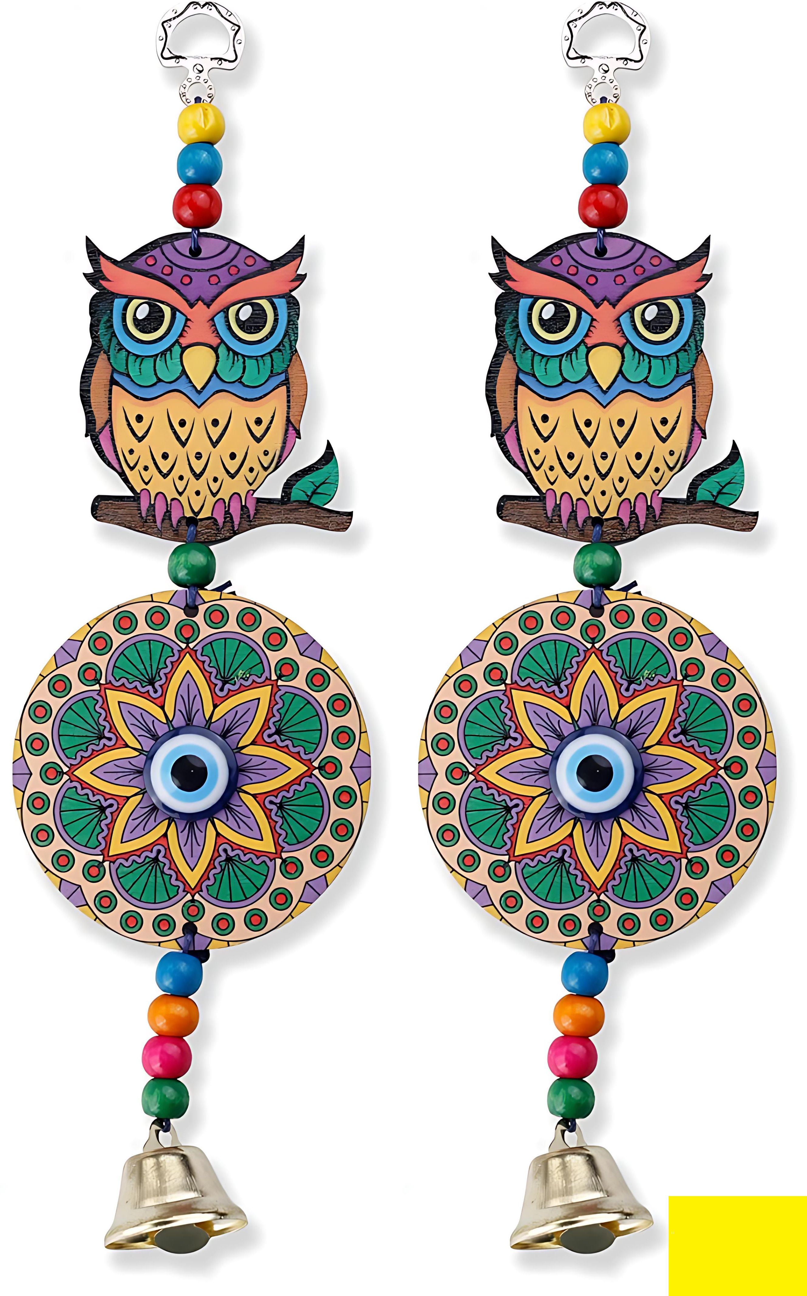 bzilo Pack Of 2 WindChime Owl Evil Eye Wood Wall Hangings Design & Color May vary A20 Polyresin Windchime-picture-12