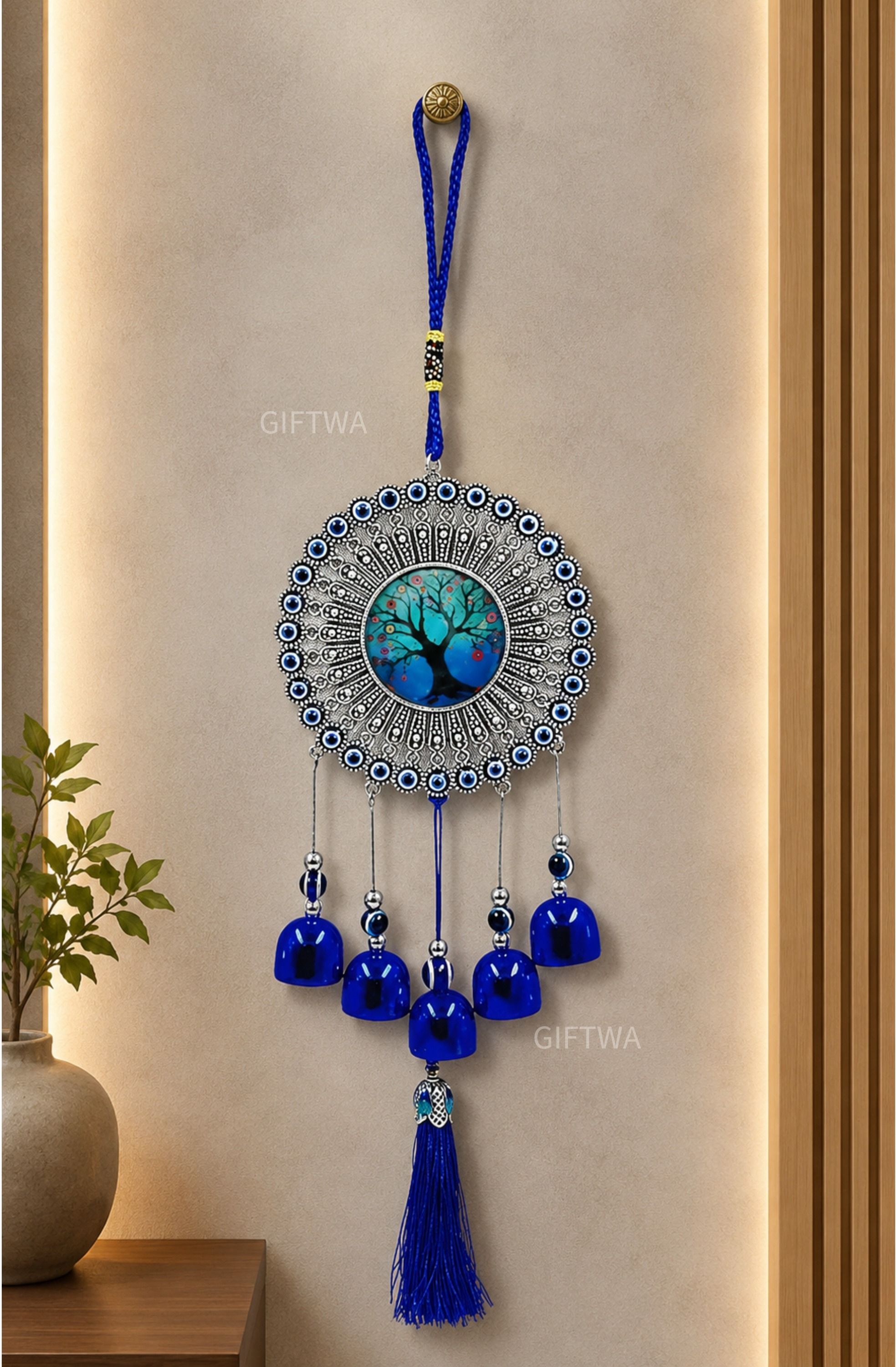 giftwa Evil Eye Hanging | Nazar Battu Wind Chime for Car & Home Decor(Tree Design) Brass Windchime-picture-31