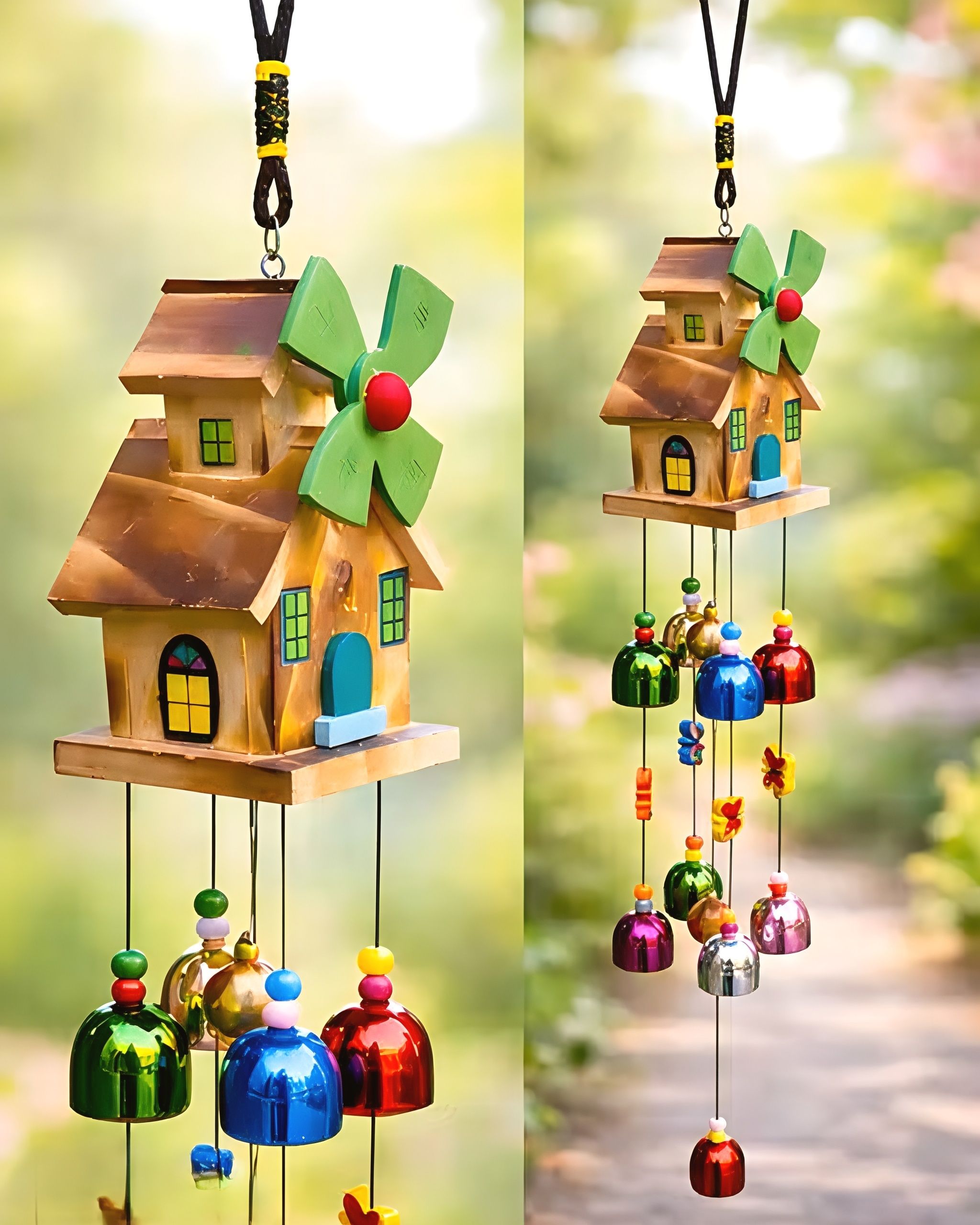 ppselects New Wooden Hut & Multicolor 9 Bells Wind Chime for Balcony Home Decor Nylon, Wood Windchime-picture-10