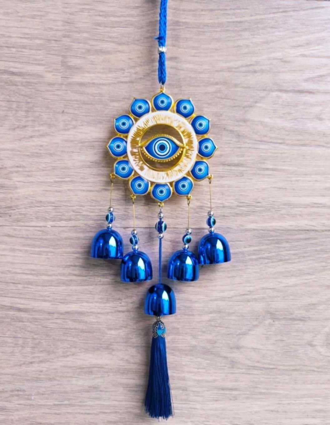 Sun Blue Evil Eye Wind Chime Wall Hanging for Home Decor & Nazar Protection Aluminium, Plastic, Jute Windchime-image-17