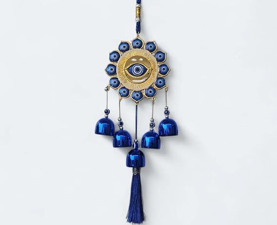 D.B.Z. Evil Eye Wall Hanging with Bells and Tassel, Blue and Gold, Aluminium Windchime-image-34
