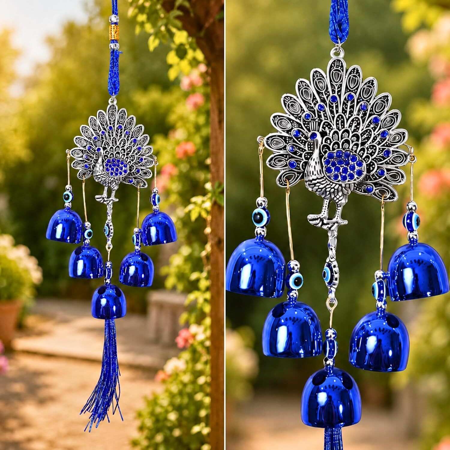 advik mart Peacock Evil Eye Wind Chime Hanging Bells for Home Entrance Living Room & Office Aluminium Windchime-picture-12