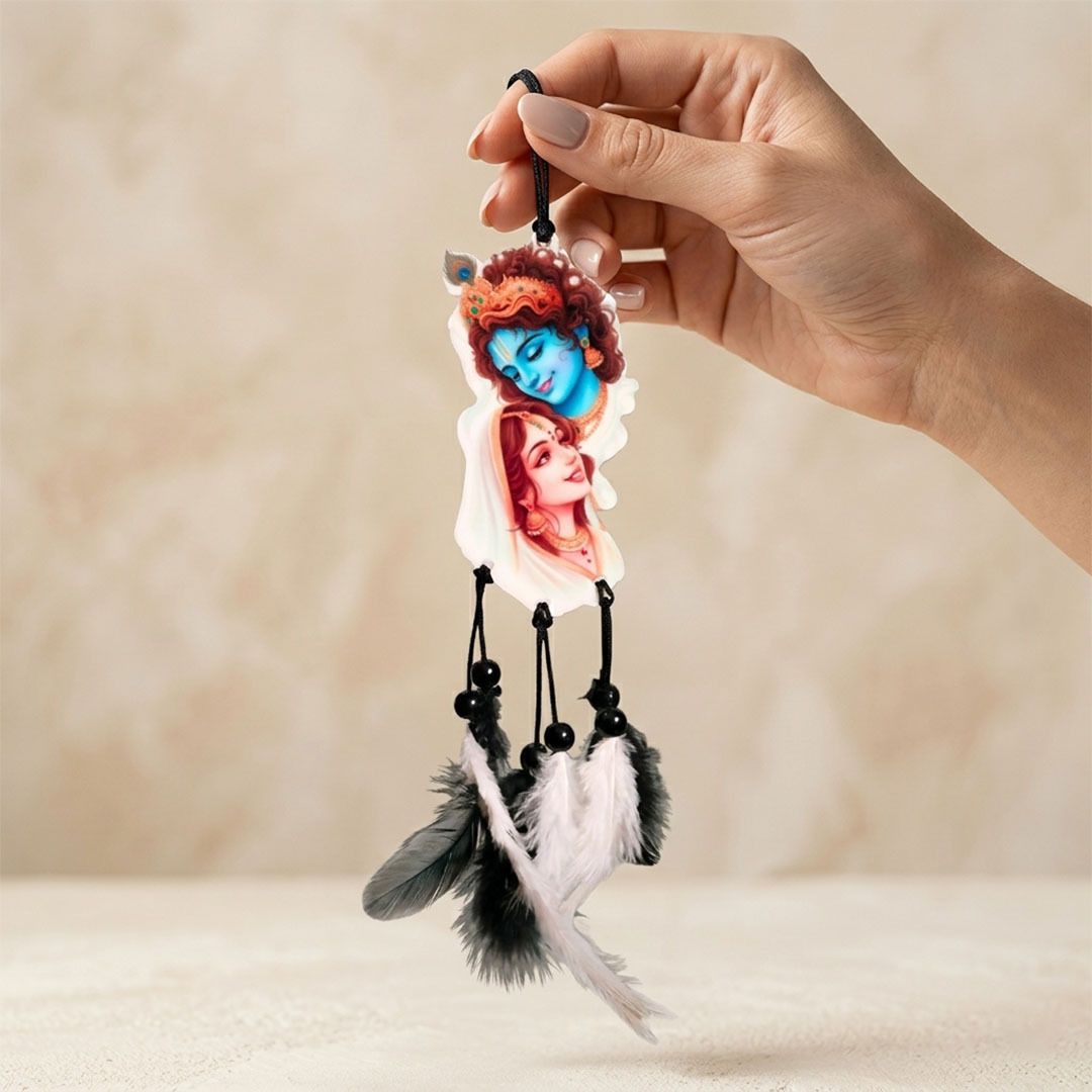 dikshacreation Radhe Krishna Face Car Hanging Acrylic Mirror Hanging Decor Plastic Dream Catcher-picture-37
