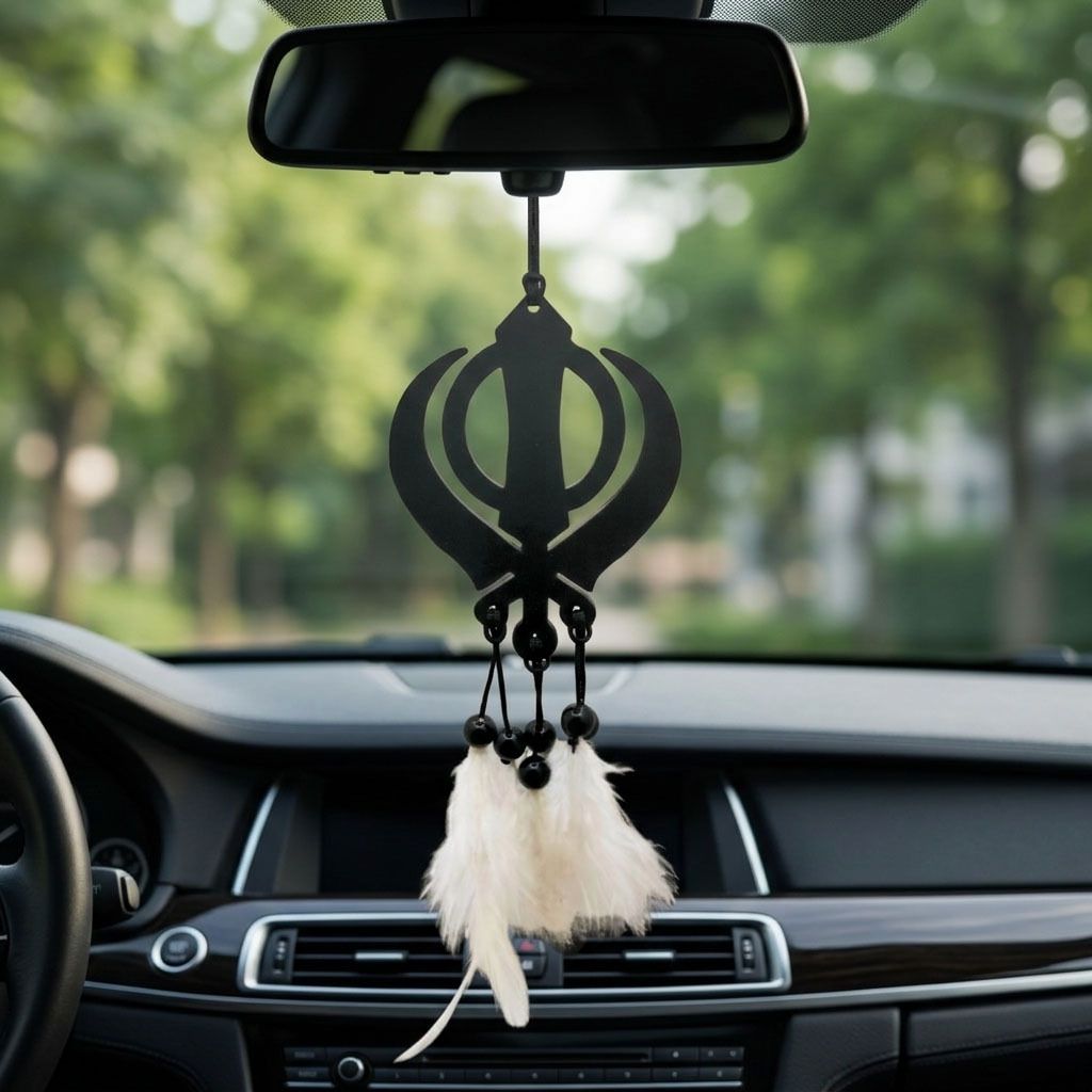 shrivarni creation Sikh Khanda Car Hanging Acrylic Rear View Mirror Decor Plastic Dream Catcher-picture-16