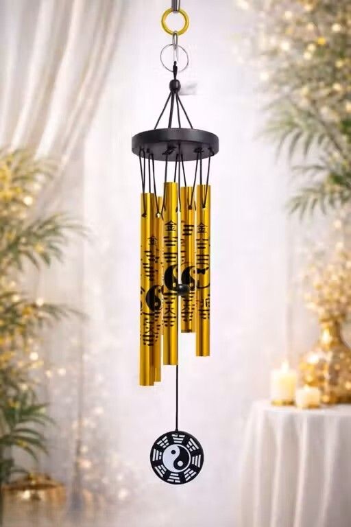 shree krishana traders Yin Yang Wind Chime Showpiece Gold Colour Aluminium Windchime-picture-44