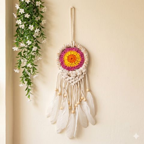 Trendy Dreamcatcher with Feathers Handmade Wall Hanging Decor for home Jute Dream Catcher-image-20