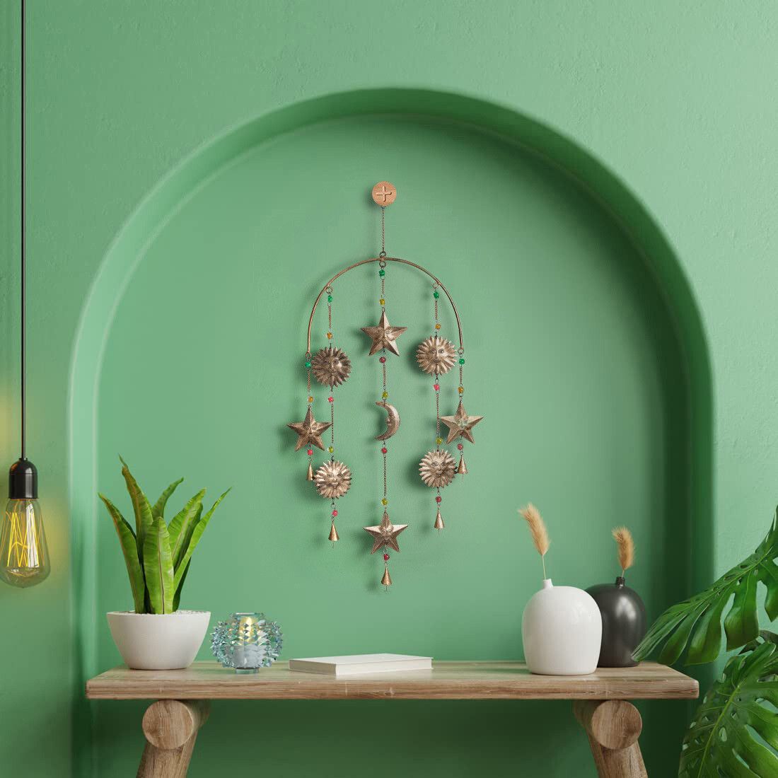 Metal Star-Moon Windchime with Charm Bell Sound Decorative Hanging showpiece Brass Windchime-image-24