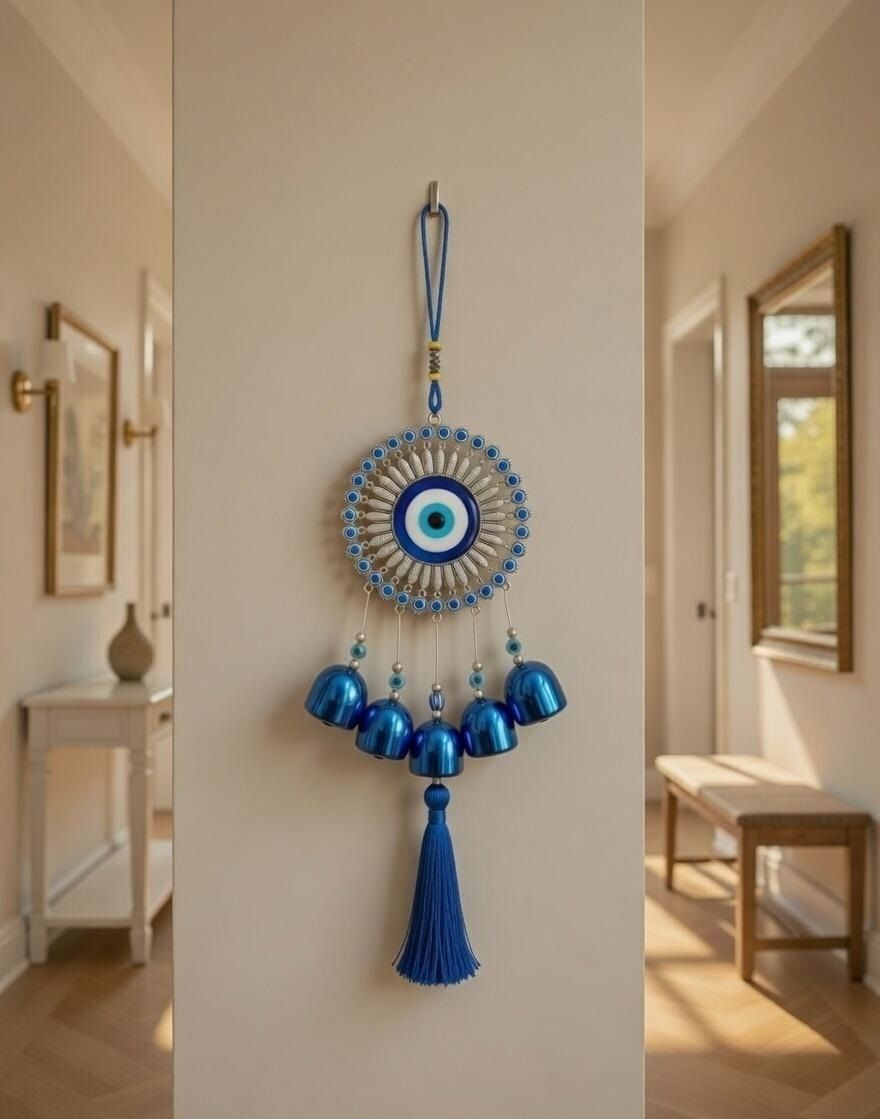 Nazar Evil Eye Wall Hanging with Bells & Tassel Steel Windchime-image-20