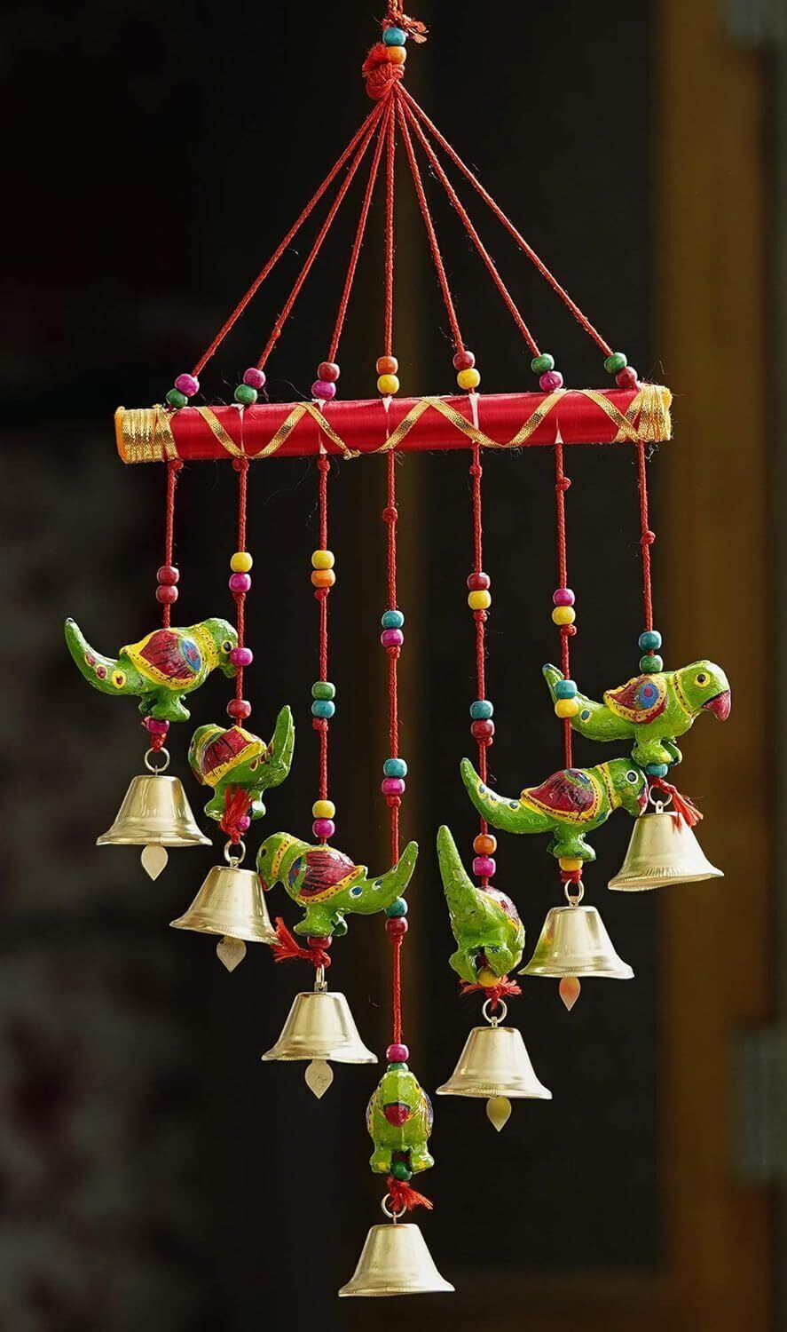 Handcrafted Rajasthani Bells Birds Parrot Design Wood Door Wall Hanging Wood, Iron Windchime-image-28