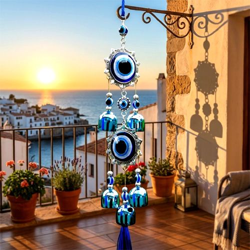 global reach Double Evil Eye 5 Bell Metal Wind Chime Gives Health in you Home Steel Windchime-picture-27