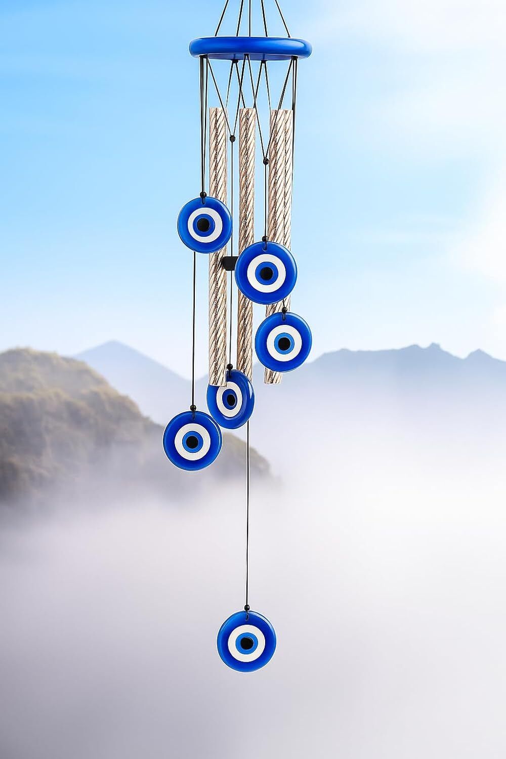 radhika h deocr Blue Evil Eye Wind Chime Wood, Aluminium, Glass Windchime-picture-19
