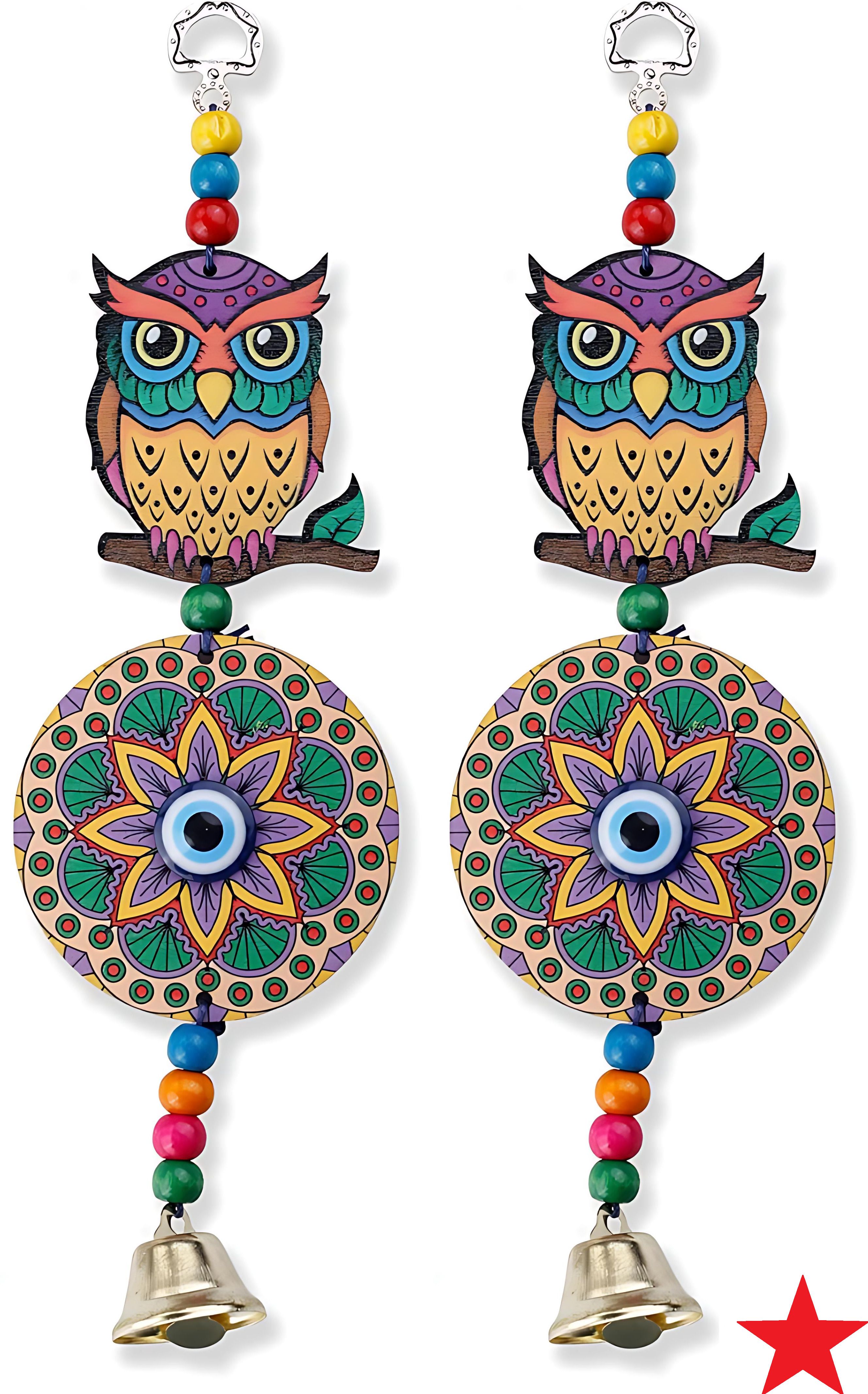 bzilo Pack Of 2 WindChime Owl Evil Eye Wood Wall Hangings Design & Color May vary A69 Polyresin Windchime-picture-15