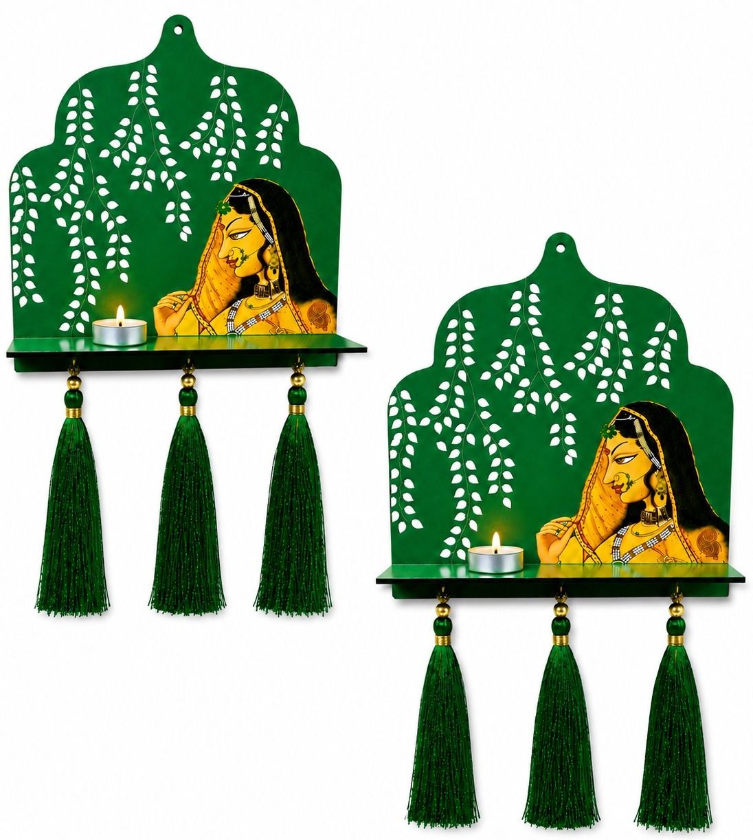 Rajasthani Bride Decorative Wall Shelf with Tassels | Wooden Wall Hanging Wood Windchime-image-35