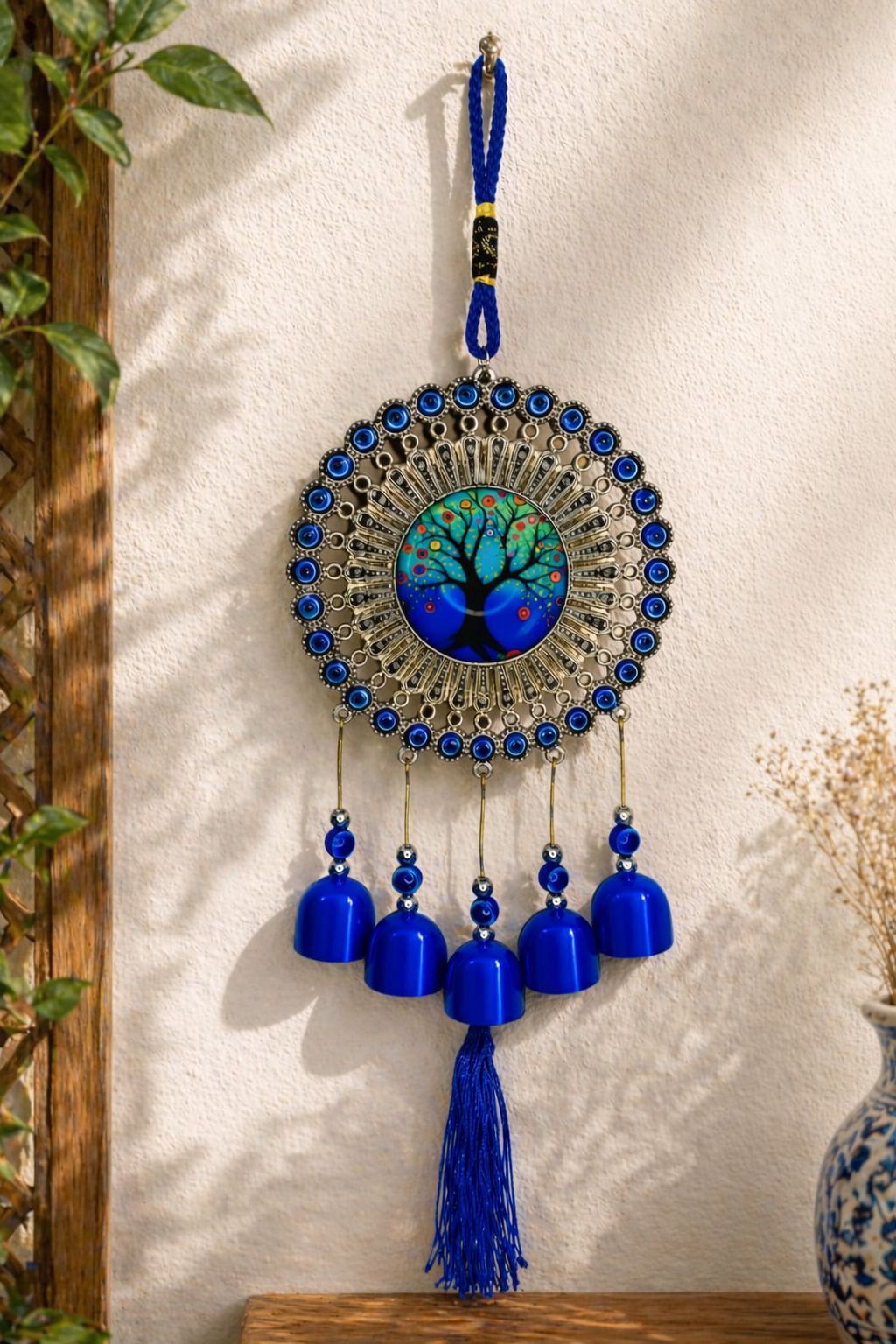 stuffinn Evil Eye Tree Of Life Hanging Wall Decor With Blue Bells & Tassel -Home & Office Iron Windchime-picture-38