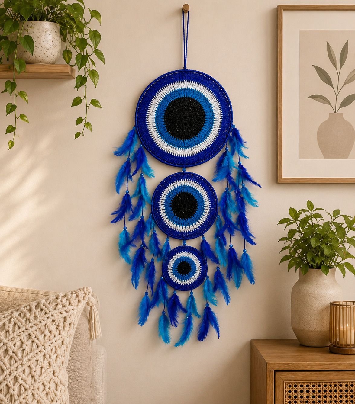 thincamaxe 3 Ring Evil Eye Cotton, Feather Dream Catcher-picture-6