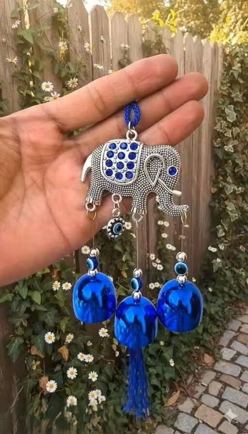 Decorative Elephant Wind Chime with 3 Blue Bells Aluminium Windchime-image-41