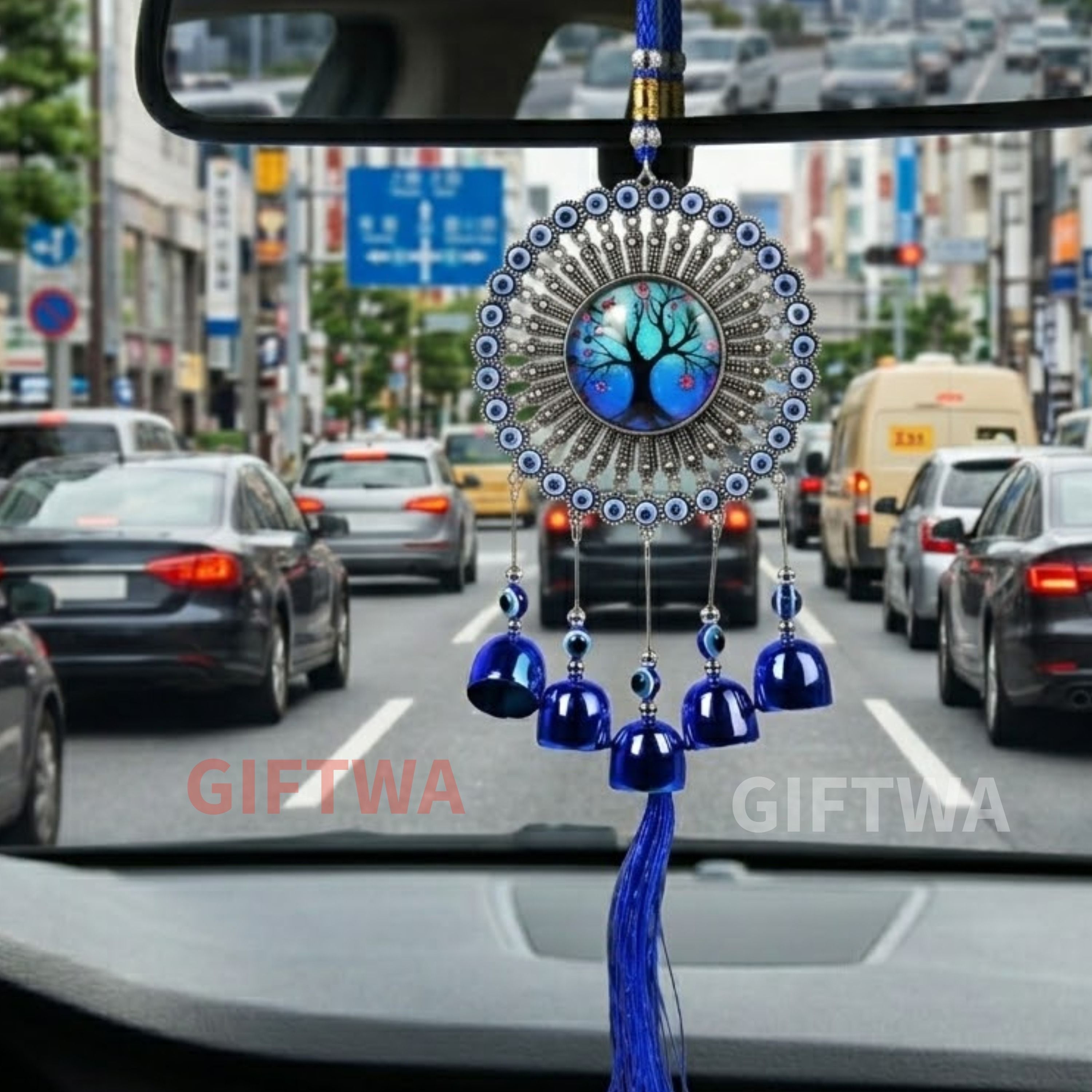 giftwa Tree Evil Eye Wind Chime | Decorative Hanging Bells for Balcony, Living Room Brass Windchime-picture-12