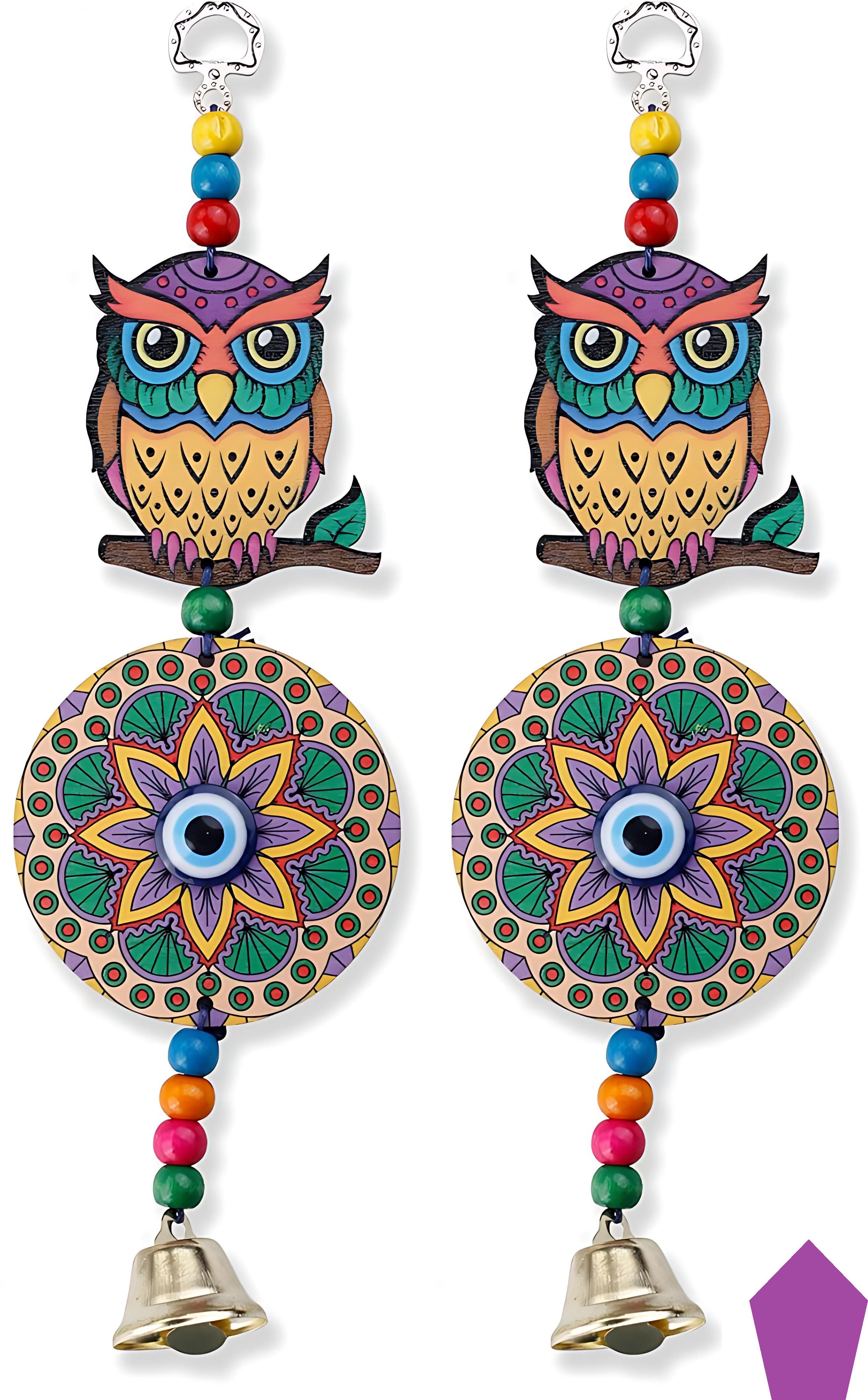 bzilo Pack Of 2 WindChime Owl Evil Eye Wood Wall Hangings Design & Color May vary A8 Polyresin Windchime-picture-30