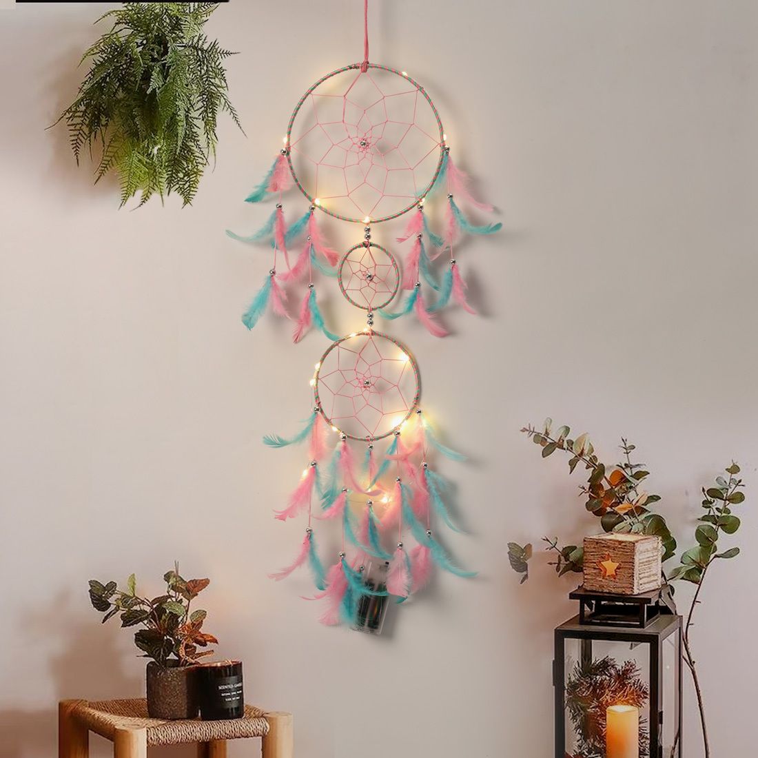 Dream catcher with Lights Handmade Wall Hanging for Home Cafe Party Decor Feather Dream Catcher