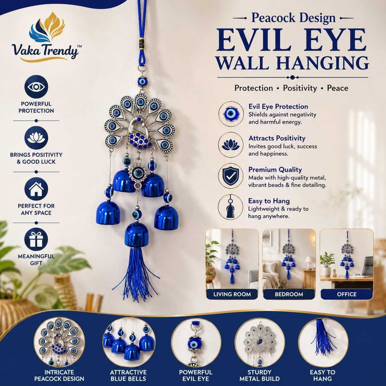 vaka trendy EVIL EYE PEACOCK DESIGN WALL HANGING Aluminium Dream Catcher-picture-17