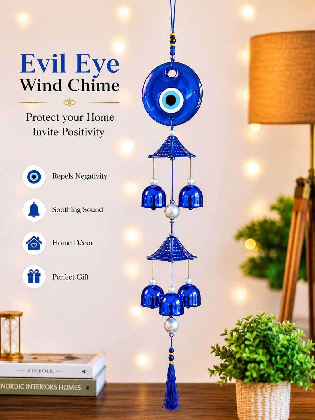 Hanging Evil Eye Wind Chime with 5 Metal Bells, Blue and Silver Aluminium Windchime-image-10