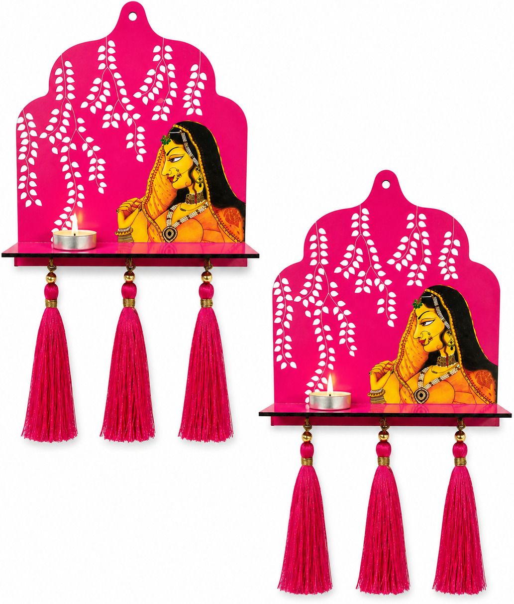 Rajasthani Bride Decorative Wall Shelf with Tassels | Wooden Wall Hanging Wood Windchime-image-34
