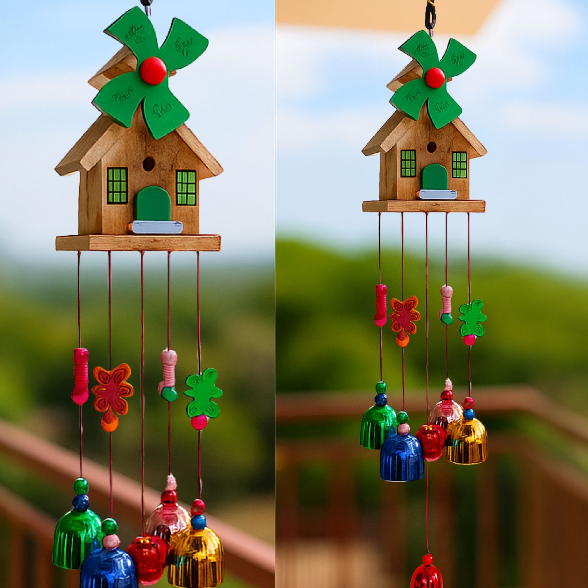 sculpmart Home Shape Wind Chime with Butterfly & Rainbow Bells For Balcony & Home Hanging Wood Windchime-picture-13