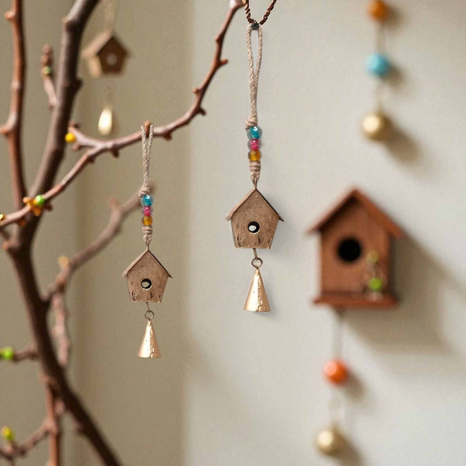 Metal Mini Bird House Windchime Wall Hanging Diwali Decoration and Gifting Jute Windchime-image-23