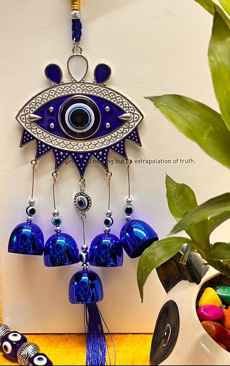 advik mart Eye-Shaped Evil Eye Wind Chime With 5 Blue Bells Aluminium Windchime-picture-22